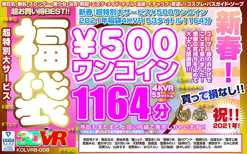 【VR】新春！超特別大サービス￥500ワンコイン福袋4KVR 53タイトル1164分（h_1248kolvrb00008）レビュー｜評価と感想